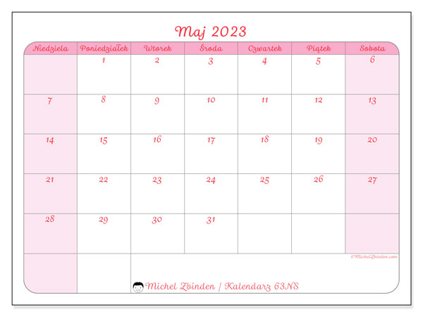 Kalendarz maj 2023, 63NS. Darmowy kalendarz do druku.