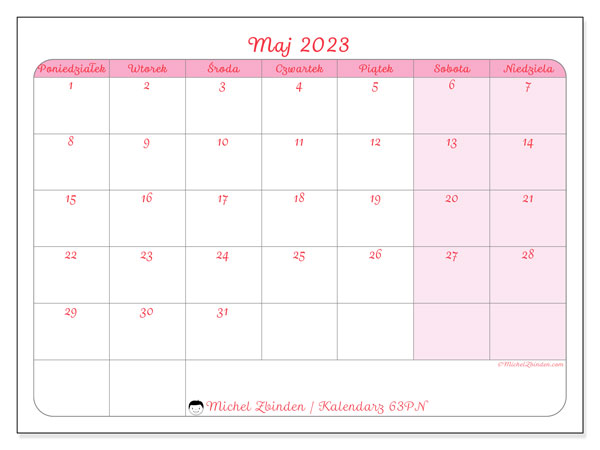 Kalendarz maj 2023, 63PN. Darmowy kalendarz do druku.