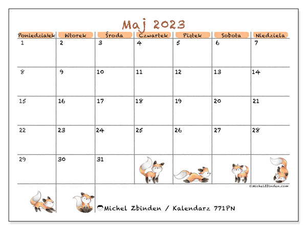 Kalendarz maj 2023, 771PN. Darmowy kalendarz do druku.