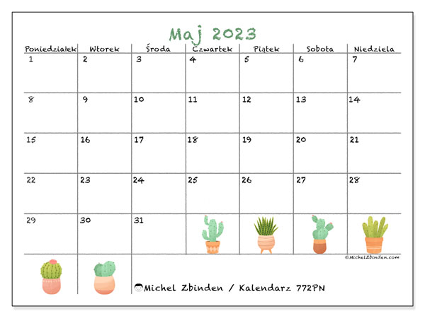 Kalendarz maj 2023 do druku. Kalendarz miesięczny “772PN” i bezpłatny zestawienie do wydrukowania