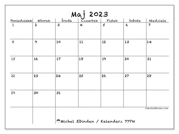 Kalendarz maj 2023, 77PN. Darmowy kalendarz do druku.