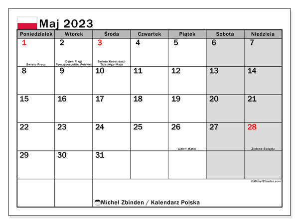 Calendrier mai 2023, Pologne (PL), prêt à imprimer et gratuit.