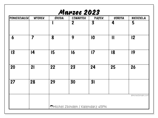 45PN, kalendarz marzec 2023, do druku, bezpłatny.