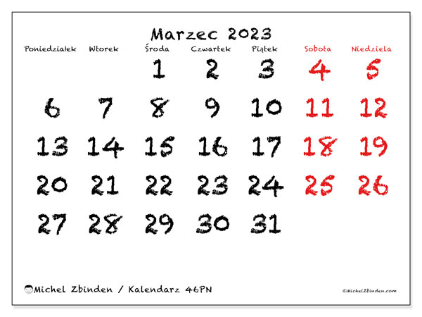 Kalendarz do druku, marzec 2023, 46PN