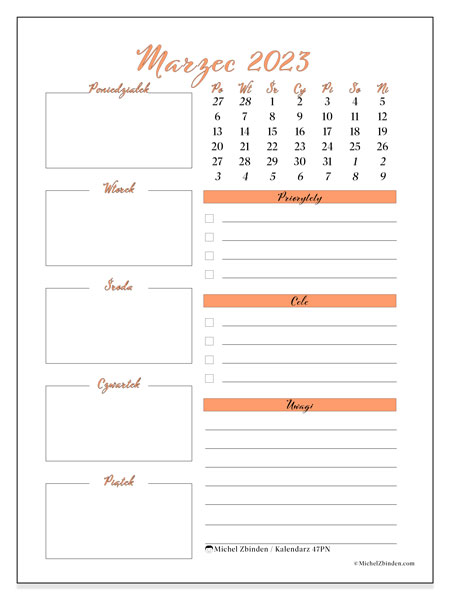 Kalendarz do druku, marzec 2023, 47PN
