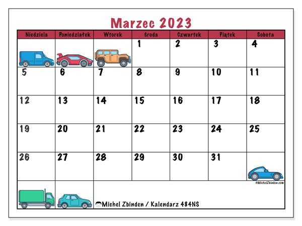 Kalendarz marzec 2023 “484”. Darmowy program do druku.. Od niedzieli do soboty
