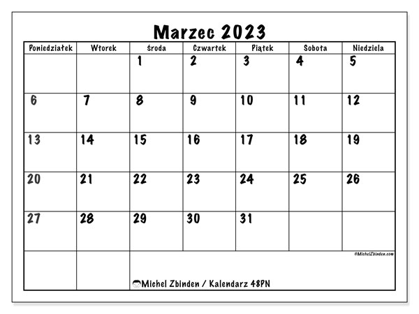 48PN, kalendarz marzec 2023, do druku, bezpłatny.