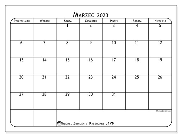 Kalendarz marzec 2023 do druku. Kalendarz miesięczny “51PN” i bezpłatny rozkład jazdy do druku