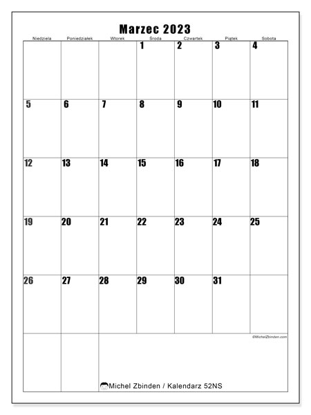 Kalendarz do druku, marzec 2023, 52NS