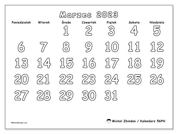 56PN, kalendarz marzec 2023, do druku, bezpłatny.