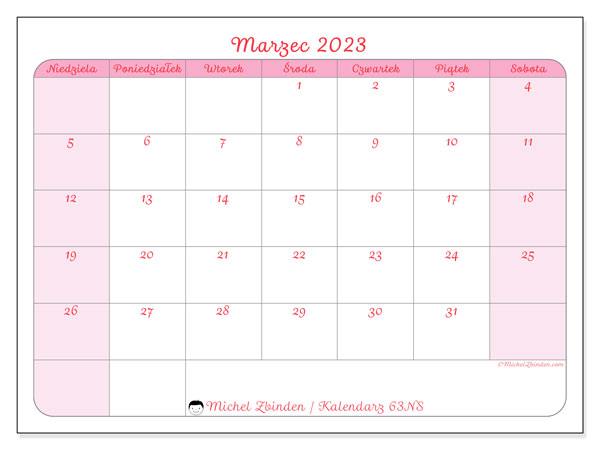 Kalendarz do druku, marzec 2023, 63NS
