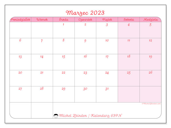 Kalendarz marzec 2023 do druku. Kalendarz miesięczny “63PN” i bezpłatny zestawienie do druku