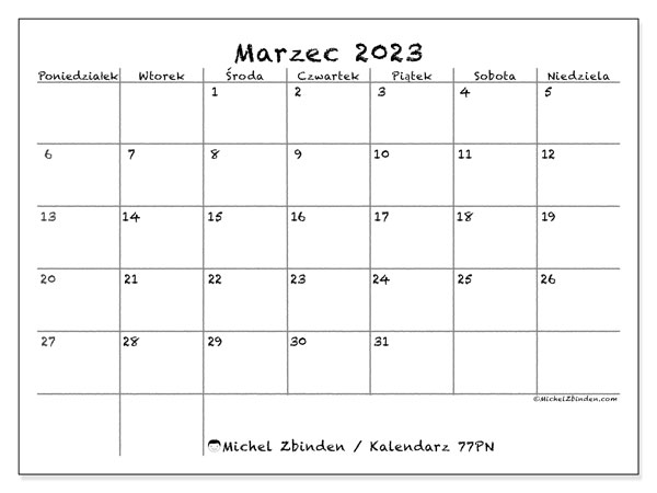 77PN, kalendarz marzec 2023, do druku, bezpłatny.