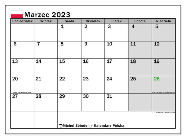 Calendrier mars 2023, Pologne (PL), prêt à imprimer et gratuit.