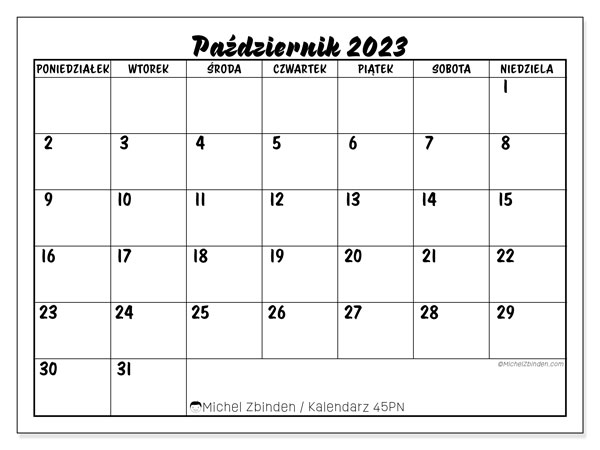 Kalendarz do druku, październik 2023, 45PN