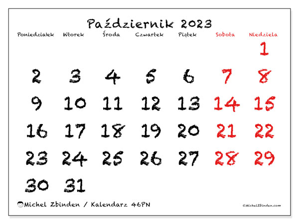 Kalendarz do druku, październik 2023, 46PN