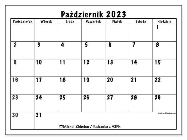 Kalendarz październik 2023, 48PN. Darmowy terminarz do druku.