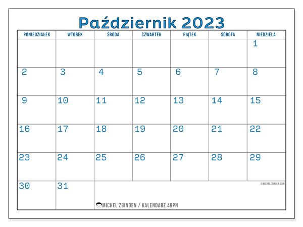 Kalendarz październik 2023, 49PN. Darmowy terminarz do druku.