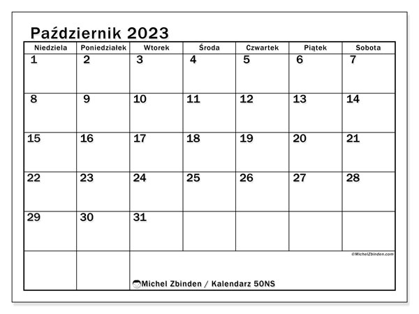 Kalendarz październik 2023, 50NS. Darmowy terminarz do druku.