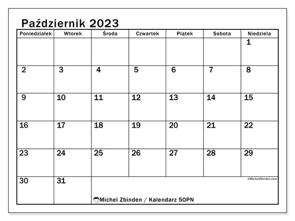 Kalendarz do druku, październik 2023, 50PN