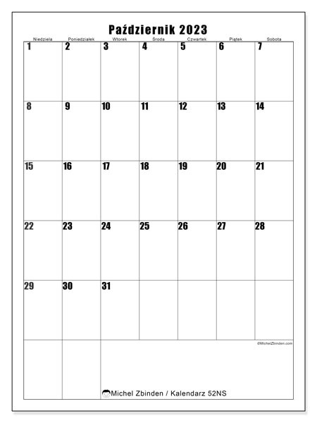 Kalendarz do druku, październik 2023, 52NS