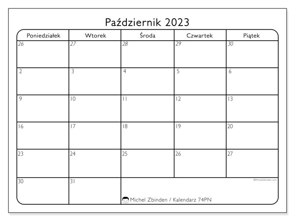 Kalendarz październik 2023, 74PN. Darmowy terminarz do druku.