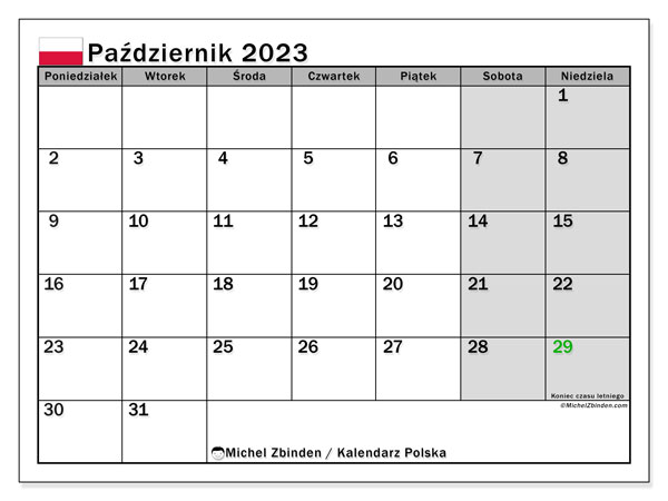 Calendário Outubro 2023 “Polónia”. Horário gratuito para impressão.. Segunda a domingo