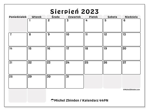 Kalendarz sierpień 2023, 44PN. Darmowy dziennik do druku.