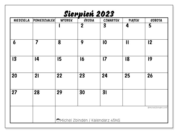 Kalendarz do druku, sierpień 2023, 45NS