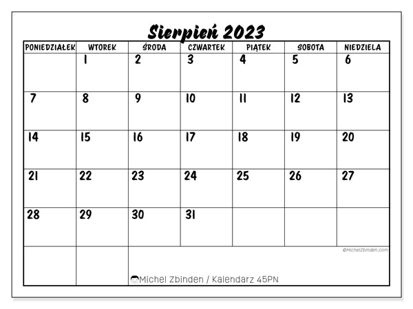 Kalendarz sierpień 2023, 45PN. Darmowy dziennik do druku.