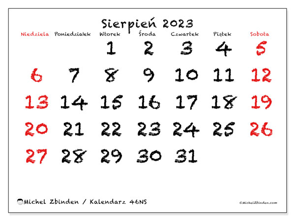 Kalendarz sierpień 2023, 46NS. Darmowy dziennik do druku.