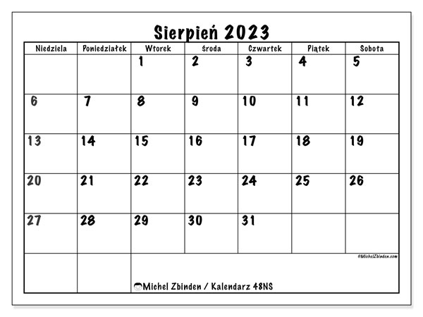 Kalendarz sierpień 2023, 48NS. Darmowy dziennik do druku.