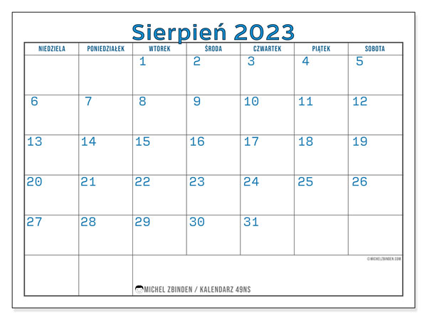 Kalendarz sierpień 2023, 49NS. Darmowy dziennik do druku.