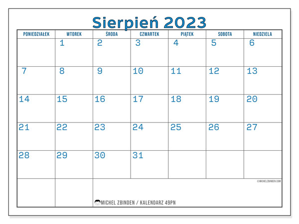 Kalendarz sierpień 2023, 49PN. Darmowy dziennik do druku.