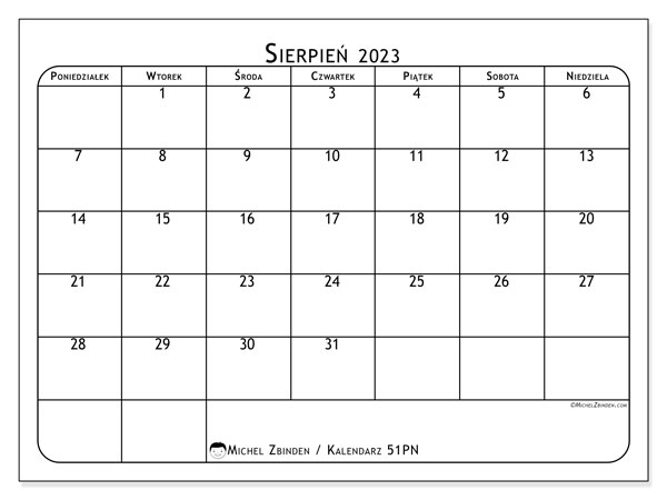 Kalendarz sierpień 2023, 51PN. Darmowy dziennik do druku.