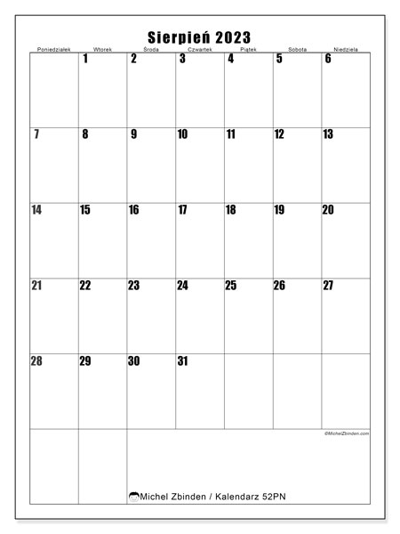Kalendarz sierpień 2023, 52PN. Darmowy dziennik do druku.