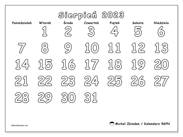 Kalendarz sierpień 2023, 56PN. Darmowy dziennik do druku.
