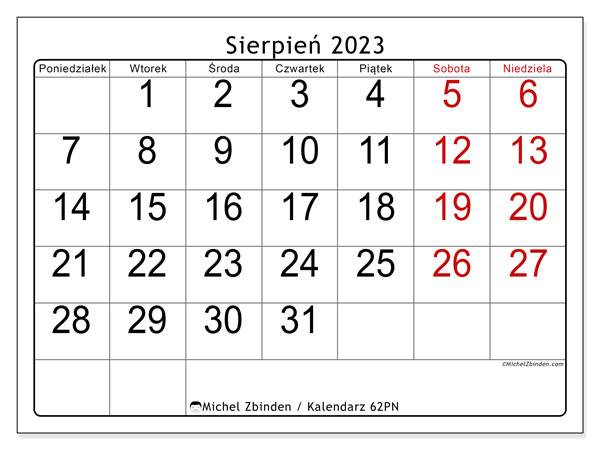 Kalendarz sierpień 2023, 62PN. Darmowy dziennik do druku.