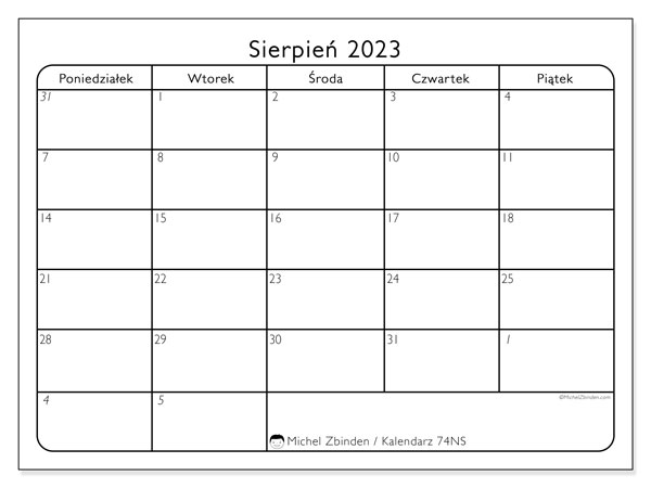 Kalendarz sierpień 2023, 74NS. Darmowy dziennik do druku.