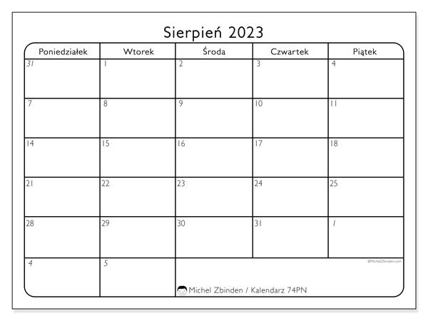 Kalendarz sierpień 2023, 74PN. Darmowy dziennik do druku.