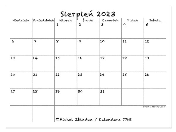 Kalendarz sierpień 2023, 77NS. Darmowy dziennik do druku.