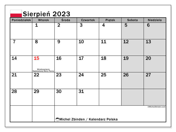Kalenteri elokuu 2023, Puola (PL). Ilmainen tulostettava ohjelma.