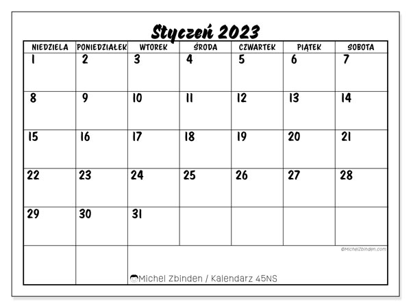 Kalendarz do druku, styczen 2023, 45NS