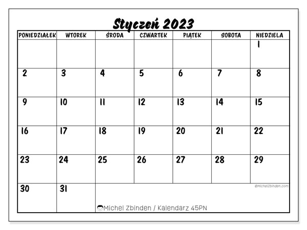 Kalendarz do druku, styczen 2023, 45PN