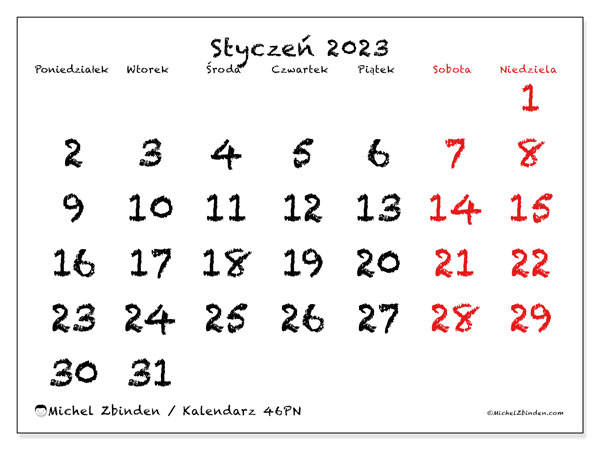 Kalendarz do druku, styczeń 2023, 46PN