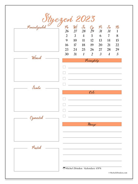 Kalendarz do druku, styczeń 2023, 47PN