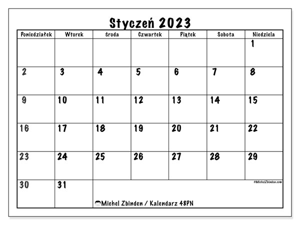 Kalendarz do druku, styczeń 2023, 48PN