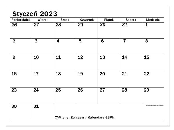 Kalendarz styczeń 2023 do druku. Kalendarz miesięczny “501PN” i bezpłatny planer do druku