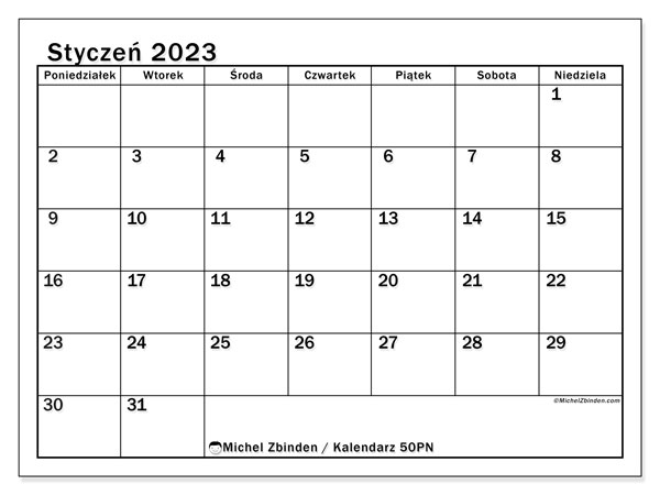 Kalendarz styczeń 2023 do druku. Kalendarz miesięczny “50PN” i bezpłatny rozkład jazdy do druku