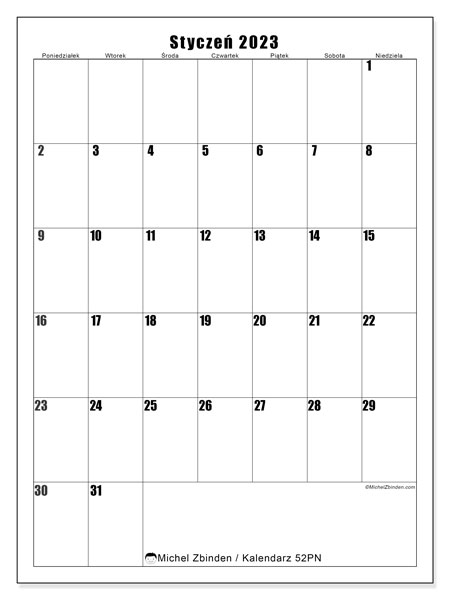 Kalendarz do druku, styczen 2023, 52PN